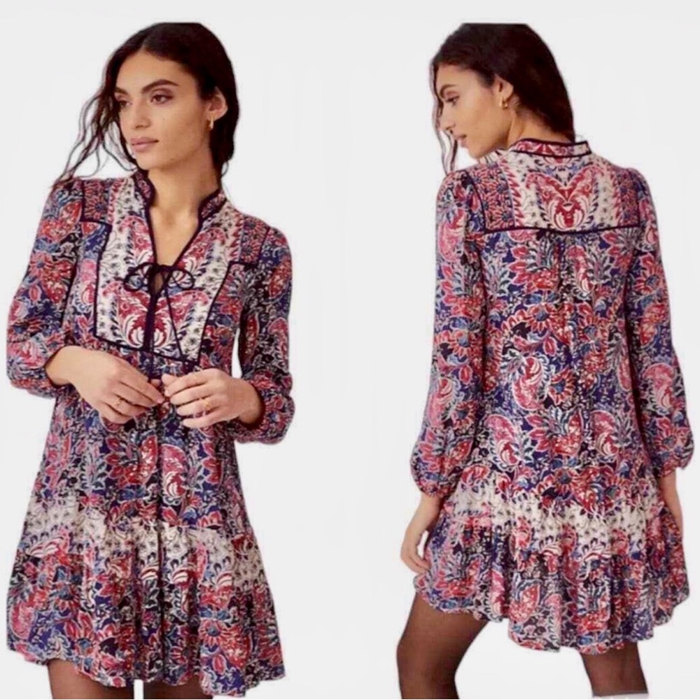 Anthropologie Red & Blue Paisley Tiered Long-Sleeve Mini Dress
